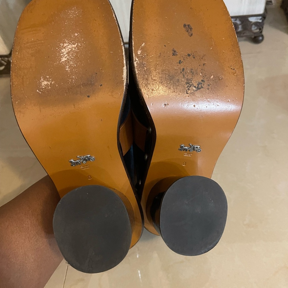 Coach Navy Velvet and Chestnut Leather Shearling Clog Mules with Crystal Buckle - Picture 7 of 11